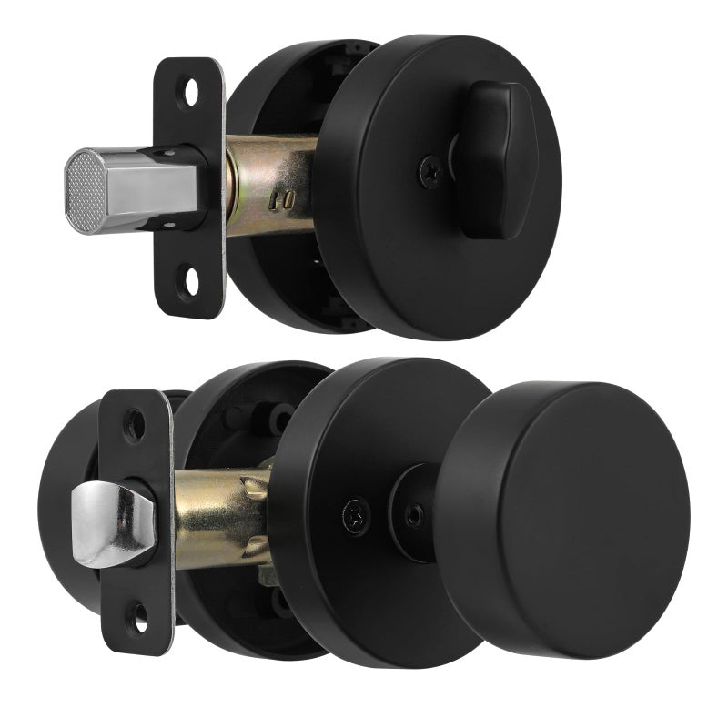 naubea Exterior Black Door Knob with Single Cylinder Deadbolt Lock Set, Round Entry Door Knob with Deadbolt Locksets, Matte Black Front Door Lock Set, Black Front Door Handle and Deadbolt Set - Image 1